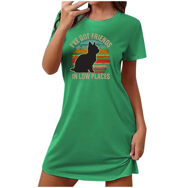 KIHOUT 2024 Camisón negro de cuello redondo para mujer, liquidación, estampado de gato, manga corta, suelto, ajustado, camiseta larga, pijama informal para mujer, tallas S-2XL