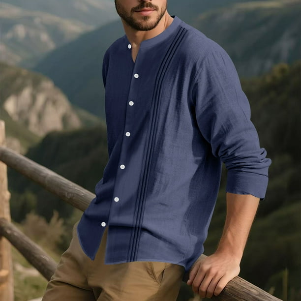 pstuiky camisas de hombre de manga larga, Blusa/camiseta informal a rayas de manga larga con cuello alto y botones para hombre salir tops s