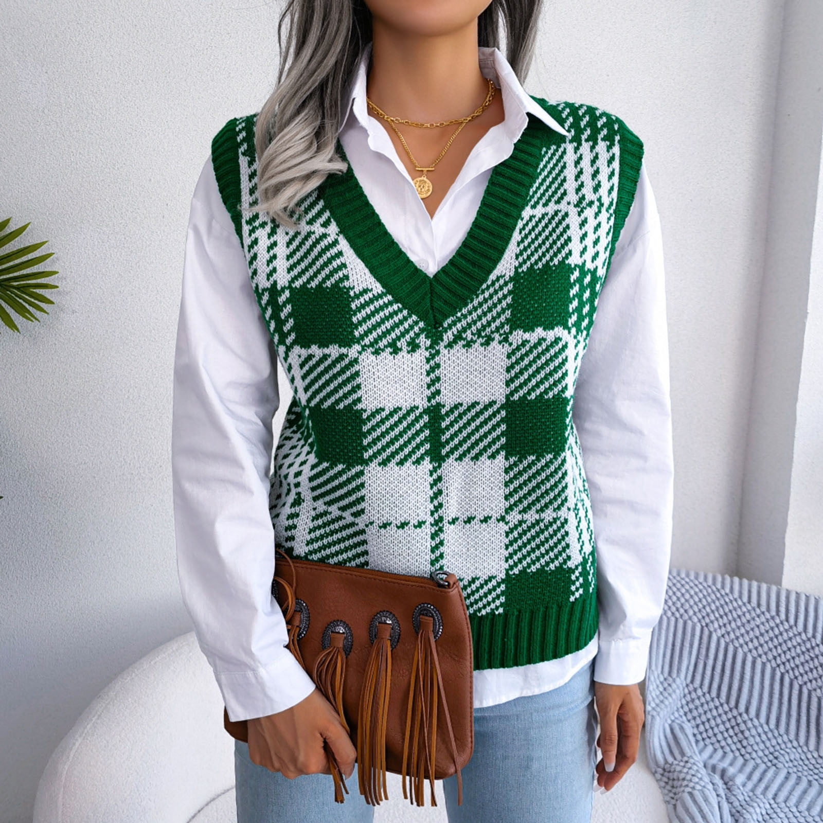 Women's V Neck Knit Sweater Vest Preppy Style Dressy Casual