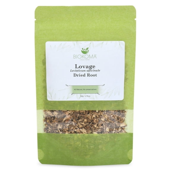 Biokoma Pure and Natural Lovage Dried Root 50g (1.76oz) in Resealable Moisture Proof Pouch - Herbal Tea, No Additives, No Preservatives, Kosher