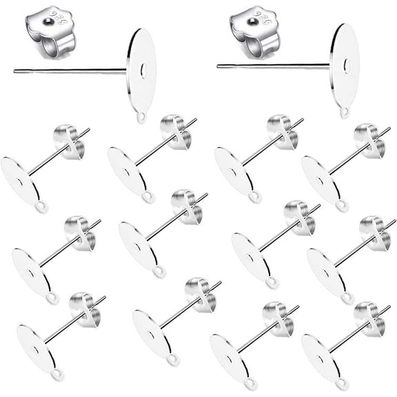 Earring Posts Sterling Silver, 50Pcs 8MM Hypoallergenic Flat Pad Earring Studs with Loops,Blank Earring Studs with Butterfly Bullet Earring Backs for Jewelry Making Findings