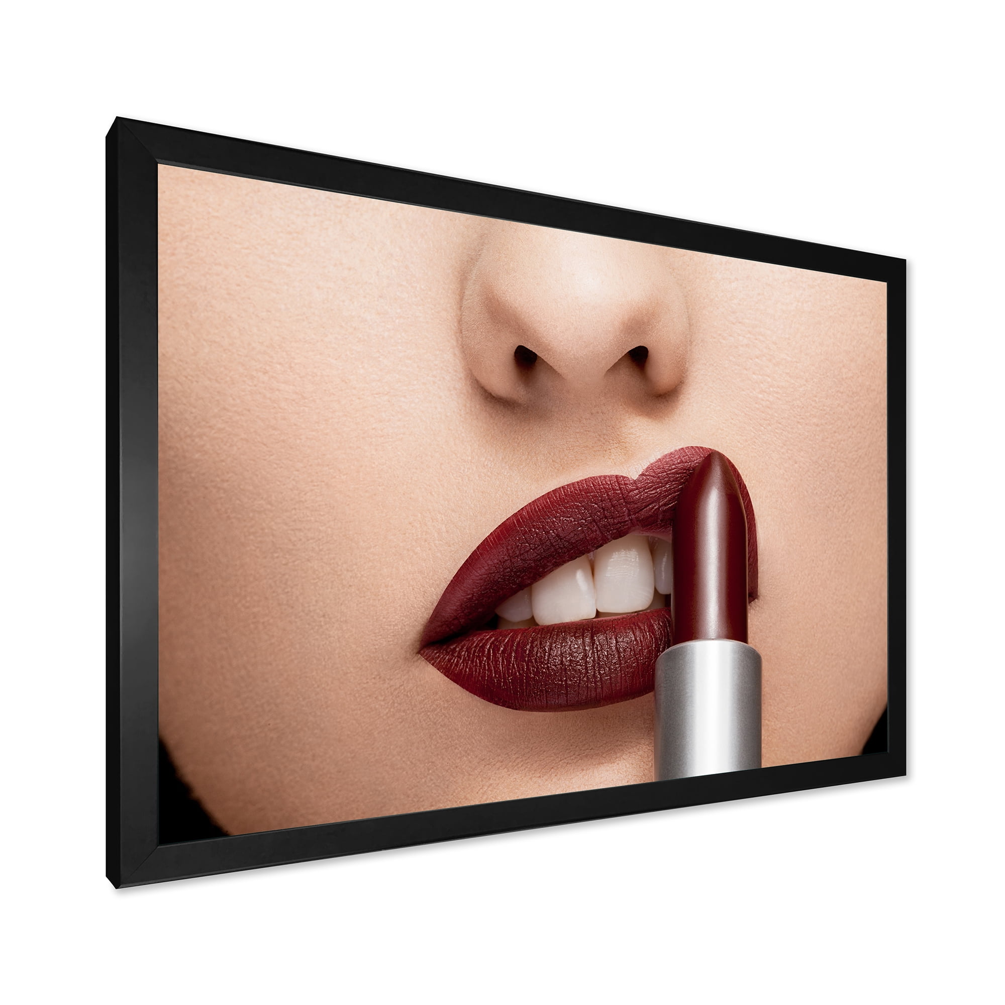 Designart 'Woman Applying Red Lipstick On Lips II' Modern Framed Art Print
