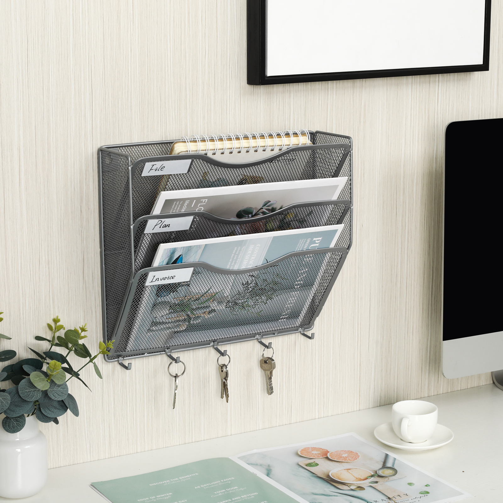 EasyPAG File Organizer Mesh Hanging Wall File Holder 3 Pocket Paper Magazine Rack with Key Hooks,Silver