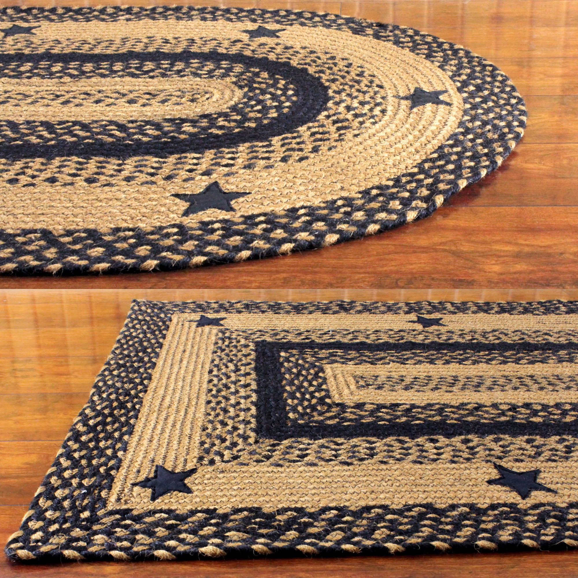 Black and Tan Braided Rug with Stars Primitive Country Oval
