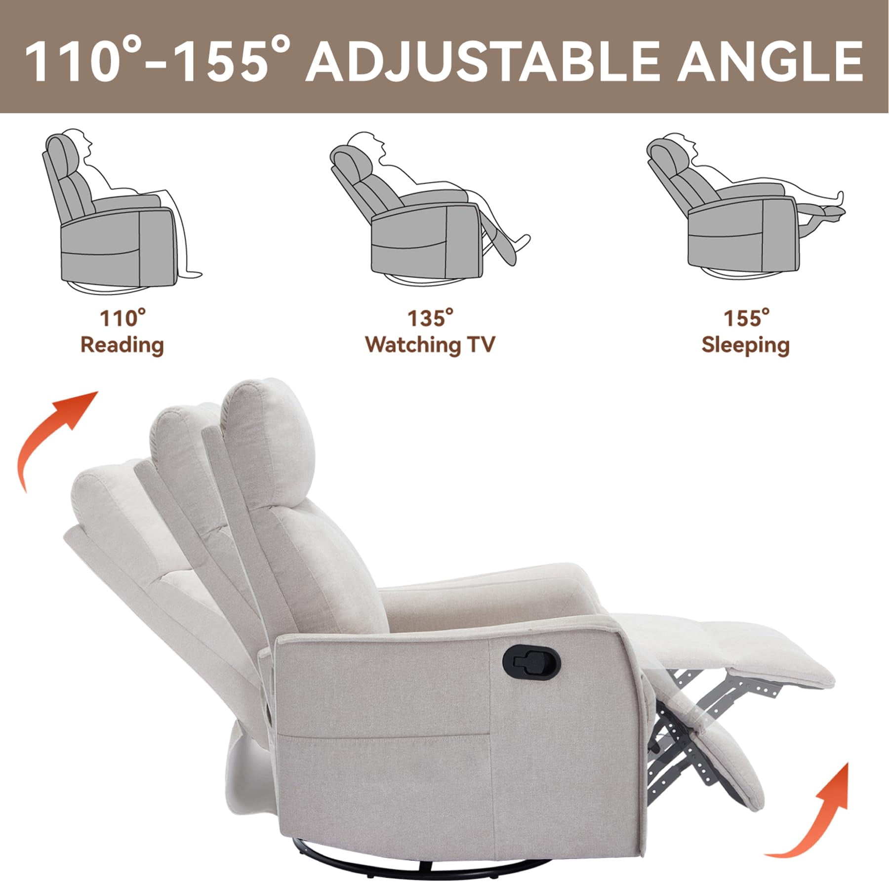 CARZZI Massage Chair Recliner with Heat, Swivel Rocking Chair Recliner with High Back, Manual Lazy Boy Recliners for Adults,Small Recliner Chair for Small Spaces, Living Room Bedroom, Fabric (beige)