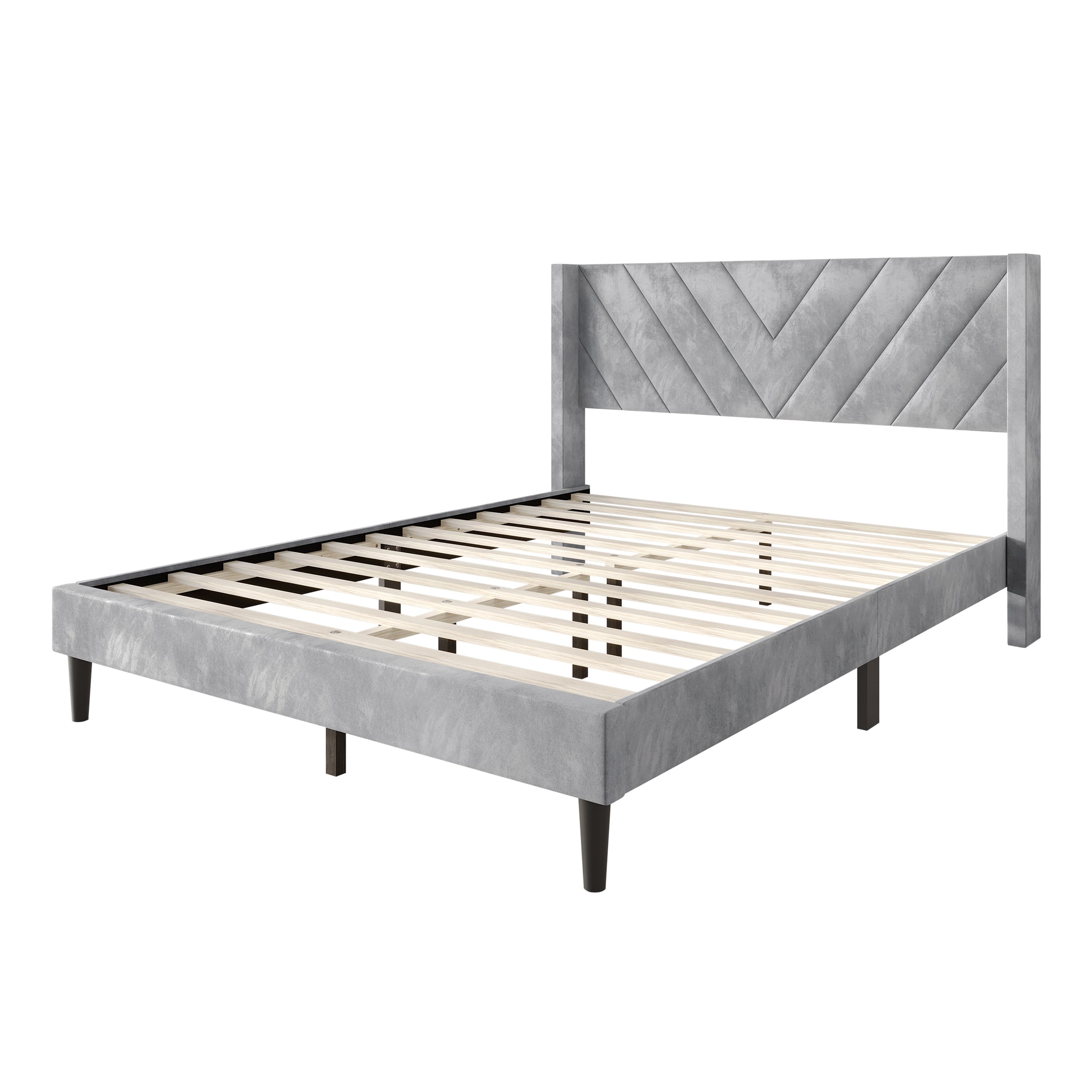 Castle Place Sophisticated Wingback Velvet Upholstered King Platform Bed, Silver Grey