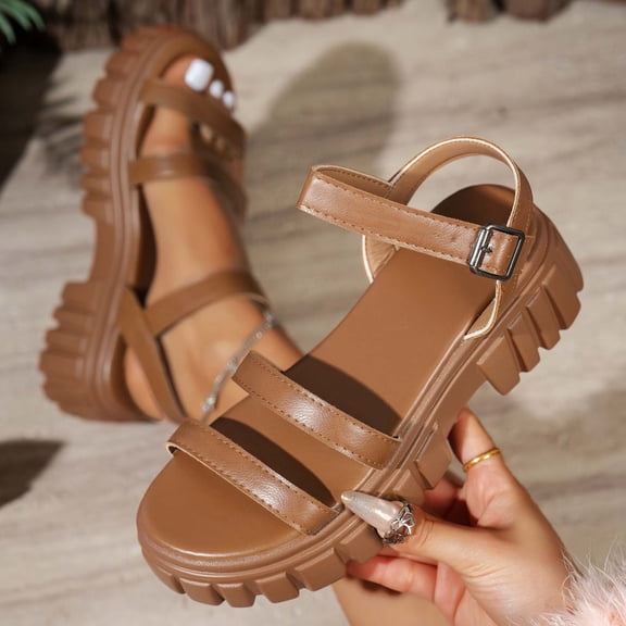 YgkuHd Women's Casual Platform Sandals Open Toe Chunky Platform Sole Multi-Strap Design Adjustable Ankle Buckle Brown,8.5