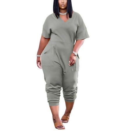 

Frontwalk Womens Summer Casual Jumpsuit Romper V Neck Short Sleeve Playsuit One Piece Pajamas Loungewear with Pocket Light Gray 4XL