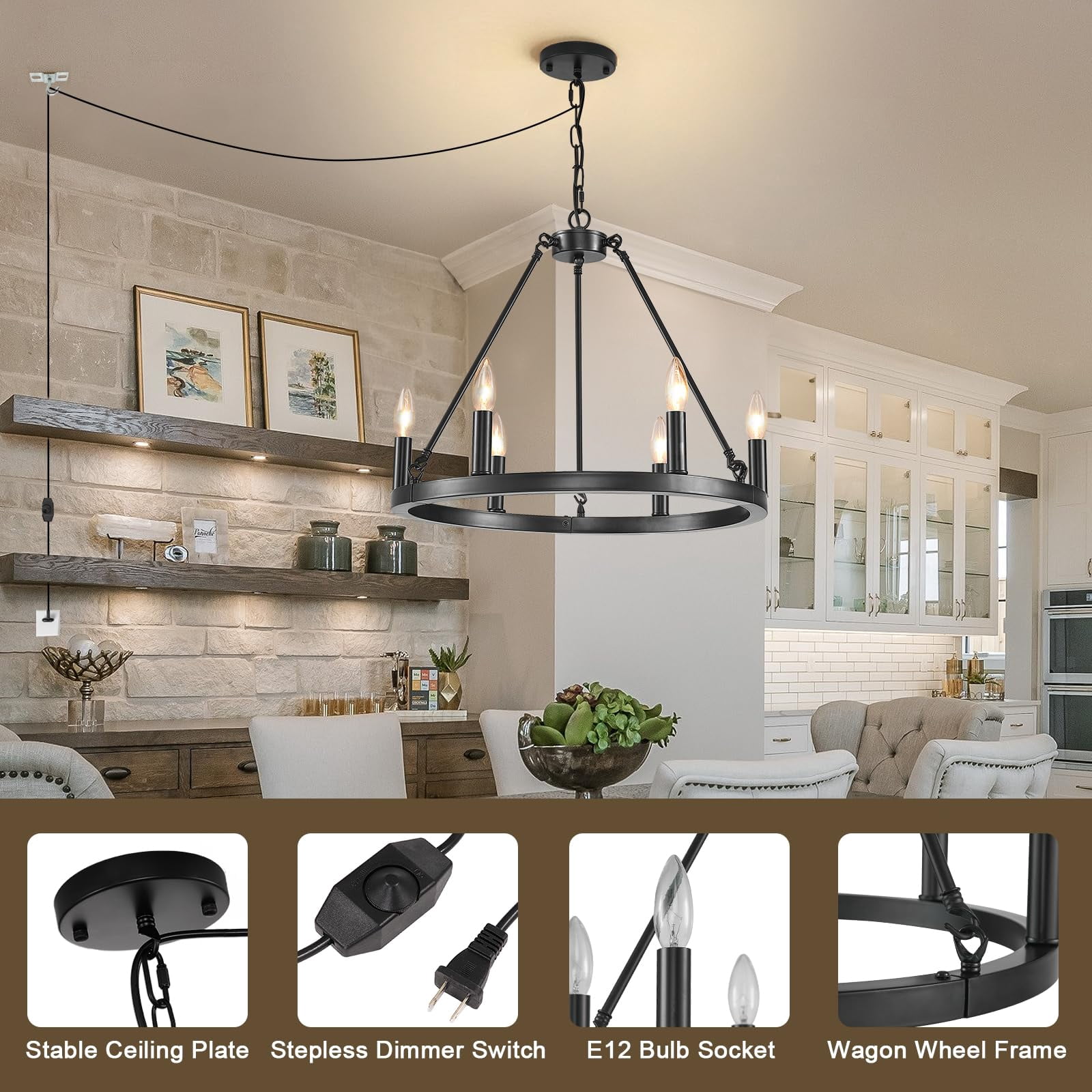 SADALAK DIMMABLE Wagon Wheel Plug in Chandelier 6-Light, 20.5" Black Round Farmhouse Pendant Light Fixture with Cord, Height Adjustable Industrial Hanging Light, Outdoor Ceiling Light for Dining Room