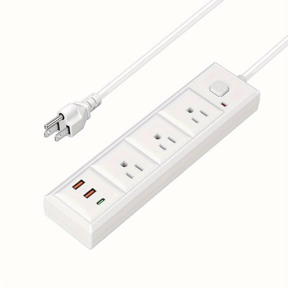 power socket with switch, 3 Outlets 2 USB 1 Type-C, Fast Charging,6.5-Foot Rugged Extension Cord for Home, Office,Travel, White