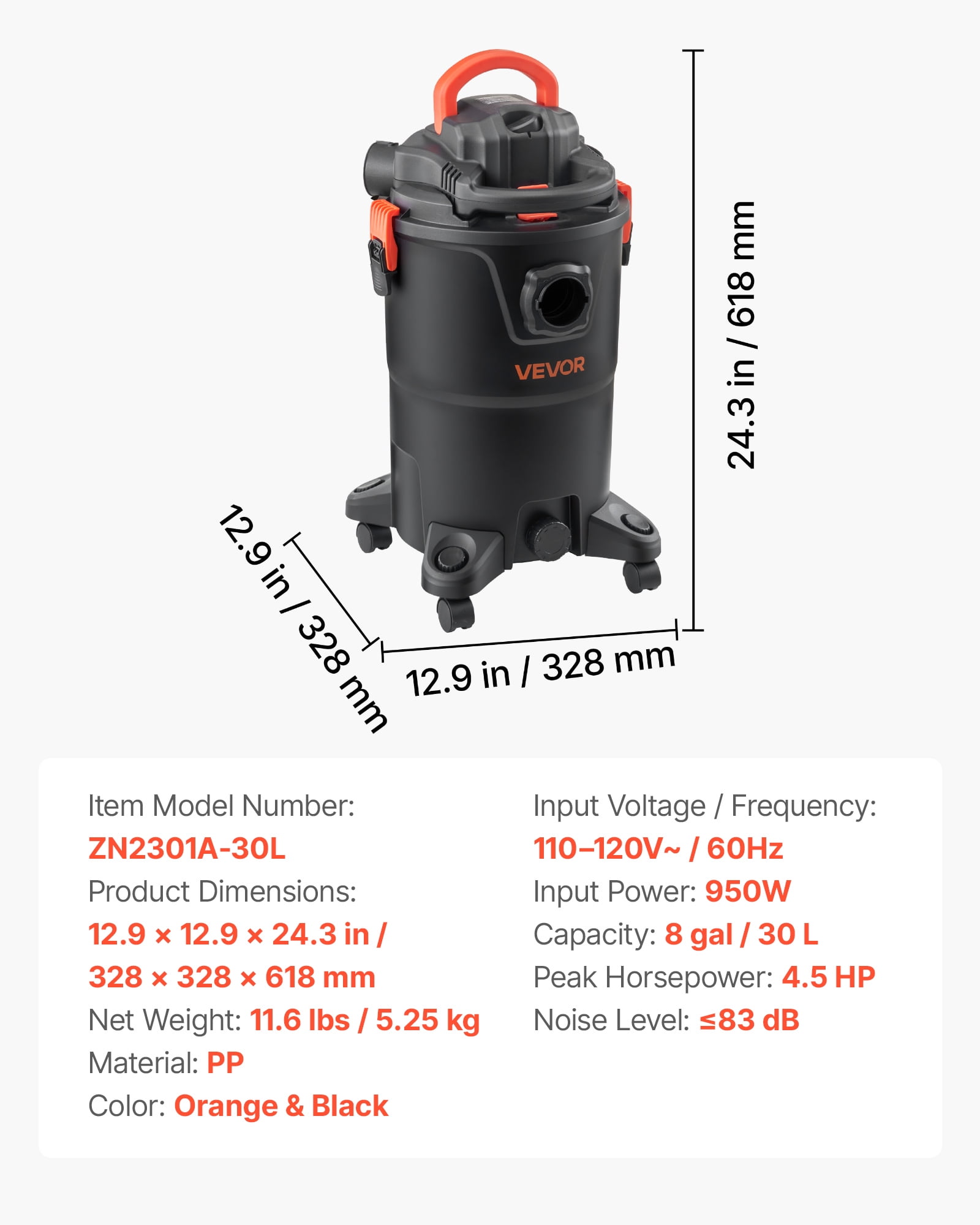 VEVOR 3-in-1 Shop Vac, 11 Gallon Wet Dry Shop Vacuum, 4.5 Peak HP Portable Vacuum Cleaner with Blower, Dual-Filter, 1350W Input Power, 1.25in x 7ft Hose, 9.8ft Cord for Jobsite, Workshop, Garage