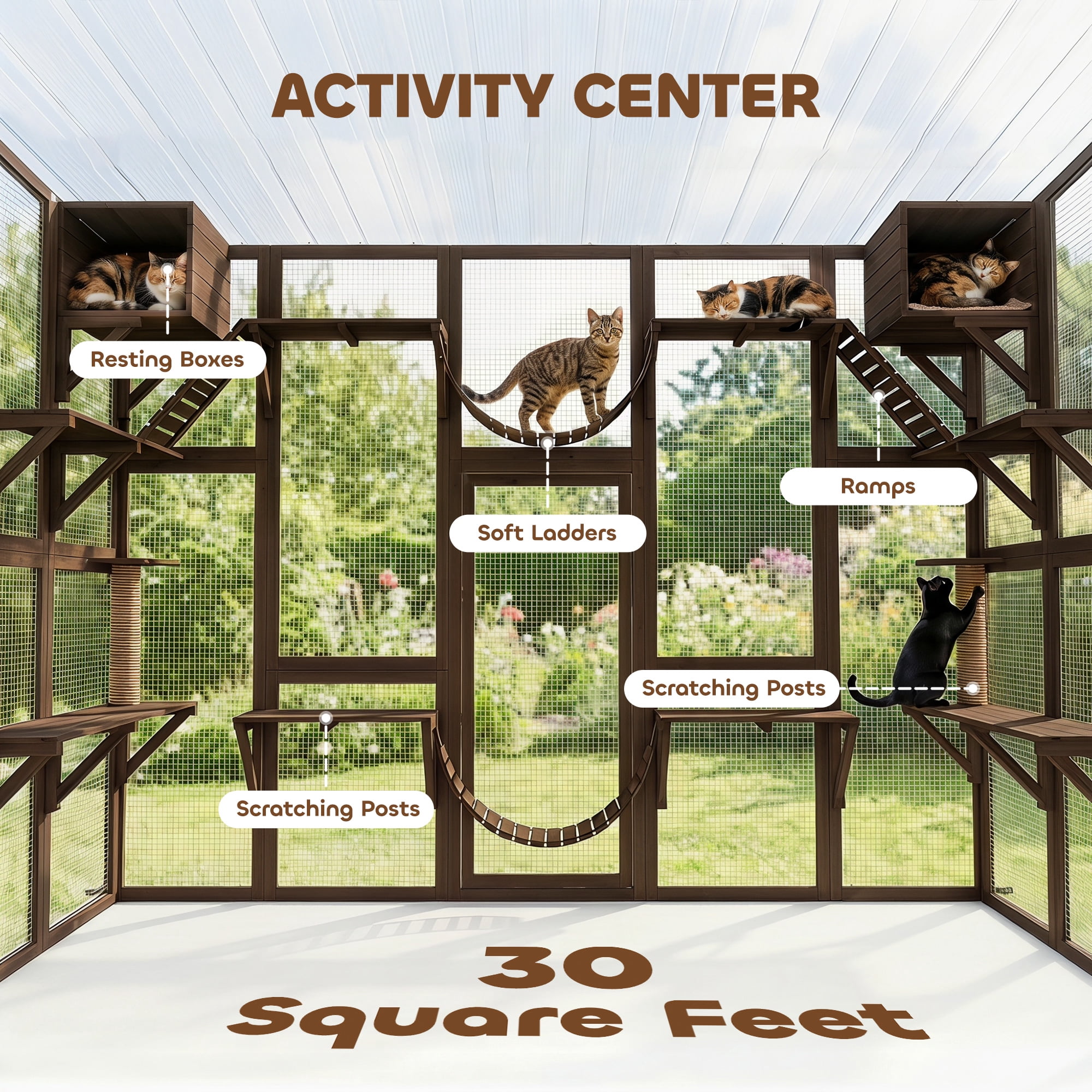 PawHut Catio Playground Outdoor Cat Enclosure, Wooden Outdoor Cat House Weatherproof for Multiple Cats, Shelves & Bridges, Coffee Brown