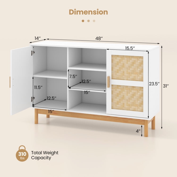 Finihen Kitchen Storage Cabinet, Buffet Sideboard, 48 Inch Sideboard Buffet Cabinet Floor Storage Cabinet with 2 Bamboo Woven Doors, for Dining Room, Kitchen, Living Room, White Finihen Kitchen Storage Cabinet, Buffet Sideboard, 48 Inch Sideboard Buffet Cabinet Floor Storage Cabinet with 2 Bamboo Woven Doors, for Dining Room, Kitchen, Living Room, White