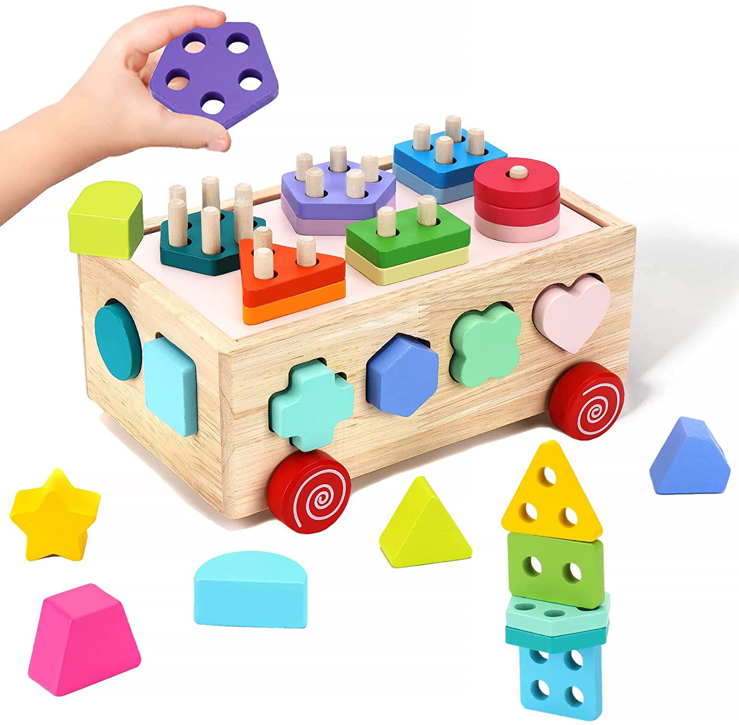 Wooden Montessori Shape Sorter Building Blocks Toy Baby Learning For Kids Hot 