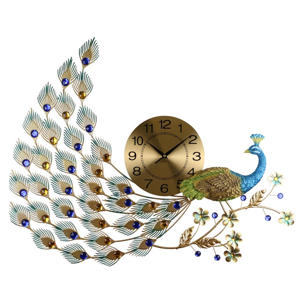 Large Peacock Wall Clock with Beautiful Crystal Accents