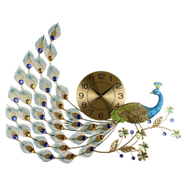 Large Peacock Wall Clock with Beautiful Crystal Accents