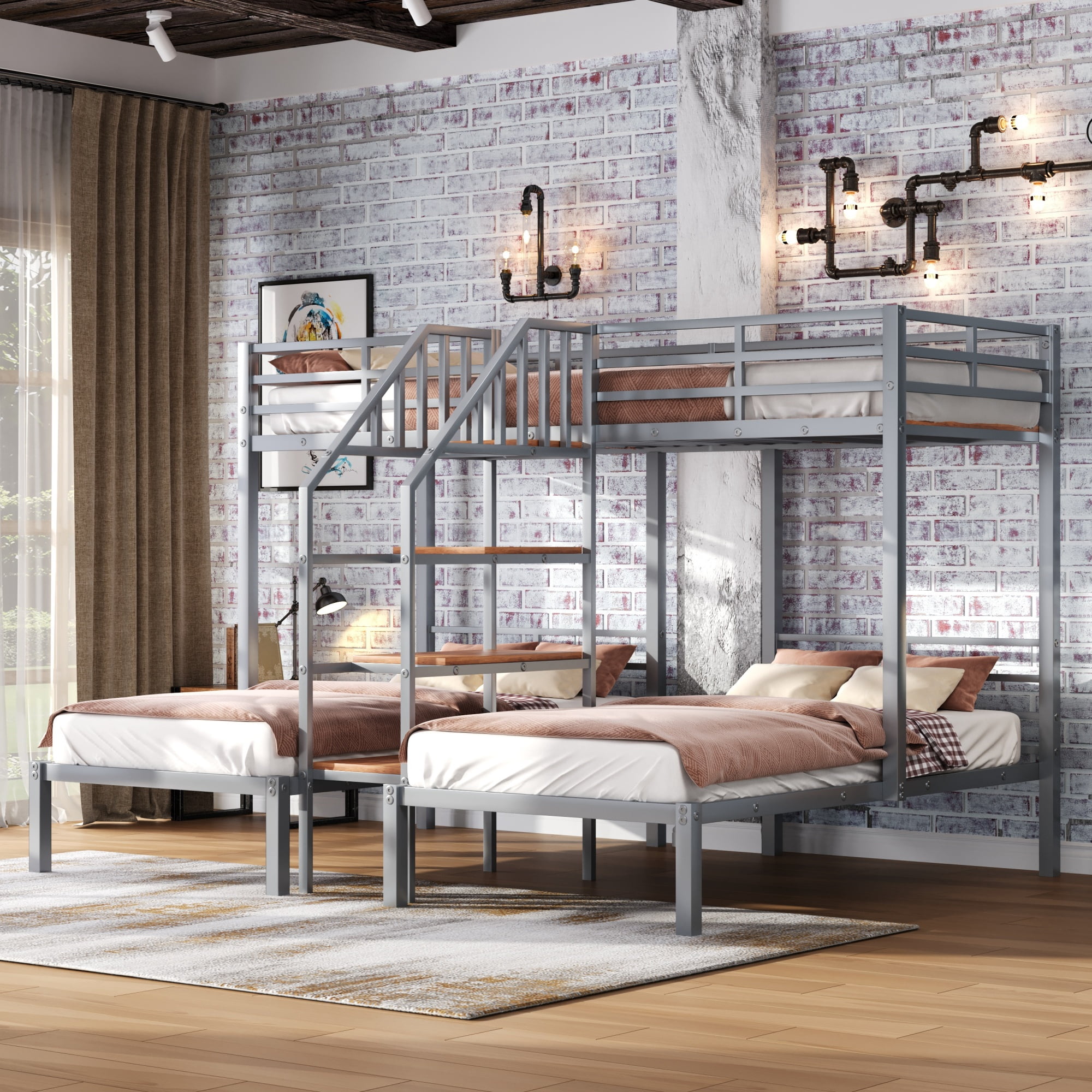 Euroco Metal Twin over Twin & Twin Bunk Bed, 3-in-1 Triple Bunk Bed with Shelves for Kids Teens, Silver