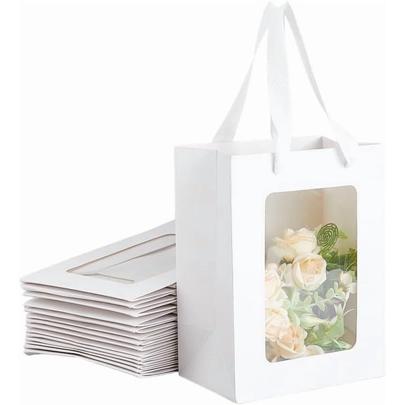 15Pcs Small White Gift Bags with Window Bulk 7.87x5.91x3.9 Paper Flower Bouquet Bags with Handles Rectangle Paper Tote Bags for Birthday Party Wedding Gift Packing DIYDIY