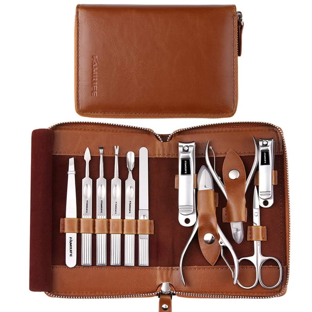 FAMILIFE Set de Manicura, Kit de Manicura Profesional Cortaúñas Set 11 en 1 Herramientas de Pedicura de Acero Inoxidable Kit de Uñas Herramienta de Aseo para Hombres con Estuche de Viaje de Cuero Marr