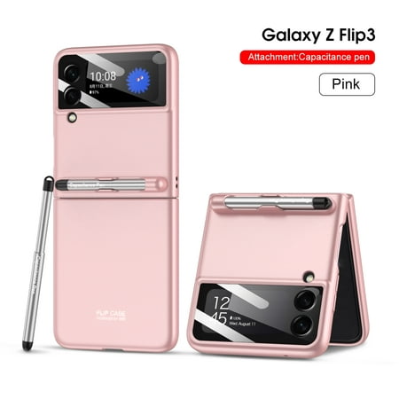 for Samsung Galaxy Z Flip 3 Case,with Stylus Fashion Business Phone case,with Hinge Protection Device and Camera Screen Protector,Case for Samsung Galaxy Z Flip 3 5G,Pink