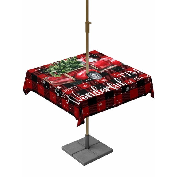 Outdoor Tablecloth with Umbrella Hole and Zipper, Christmas Truck Square Table Cloth 54x54 Inch Waterproof Tablecloth, Red Black Buffalo Plaid Xmas Tree Snowflakes Picnic Table Cover for Patio