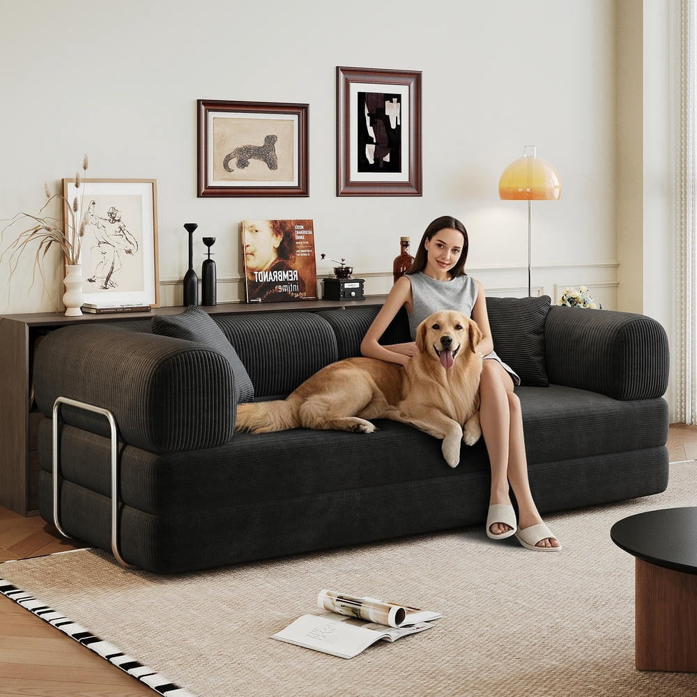 Barara King 78.8" Convertible Sofa Bed, Comfy Futon Sleeper with Pillow Back Support, Armrest, Modular Sectional Design, Boneless Loveseats for Living Room, Bedroom, Corduroy, Black