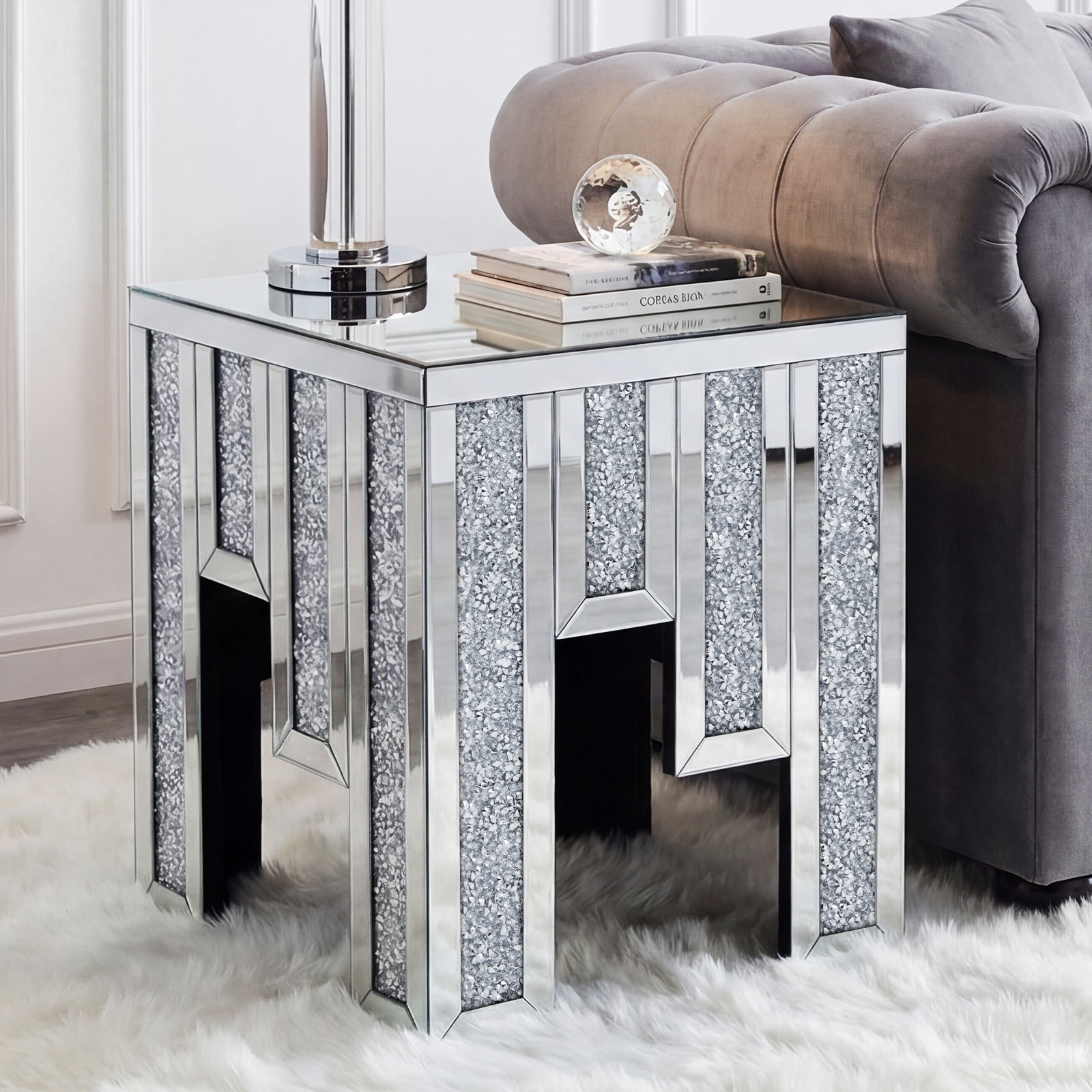 Modern Crystal Mirrored Side Table, Living Room End Table, Bedside Table, Nightstand, Silver