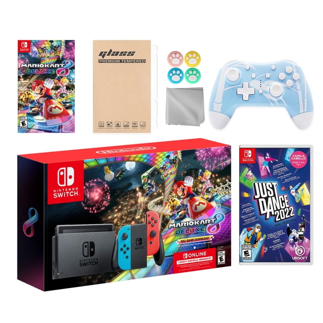 Nintendo Switch Mario Kart 8 Deluxe Bundle: Red/Blue Console, Mario Kart 8 & Membership, Just Dance 2022, Mytrix Wireless Pro Controller Blue Bamboo and Accessories