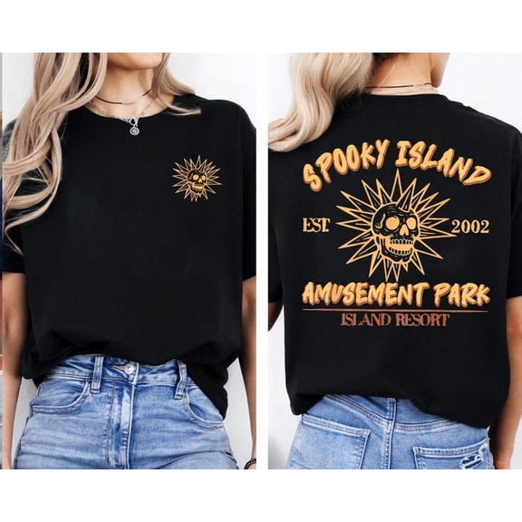 Spooky Island Est 2002 Amusement Park Skull Halloween Funny T-Shirt, Men's And Women's Graphic Tee 100% Cotton by TBun, Full Sizes S-5XL