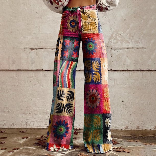 WILLBEST Jeans Mujer Pantalones Vaqueros de Pierna Ancha para Mujer, de Cintura Alta, Informales, Holgados, Con Estampado Floral de Los Años 90, a La Moda, Cómodos y Elásticos. XXXXXL