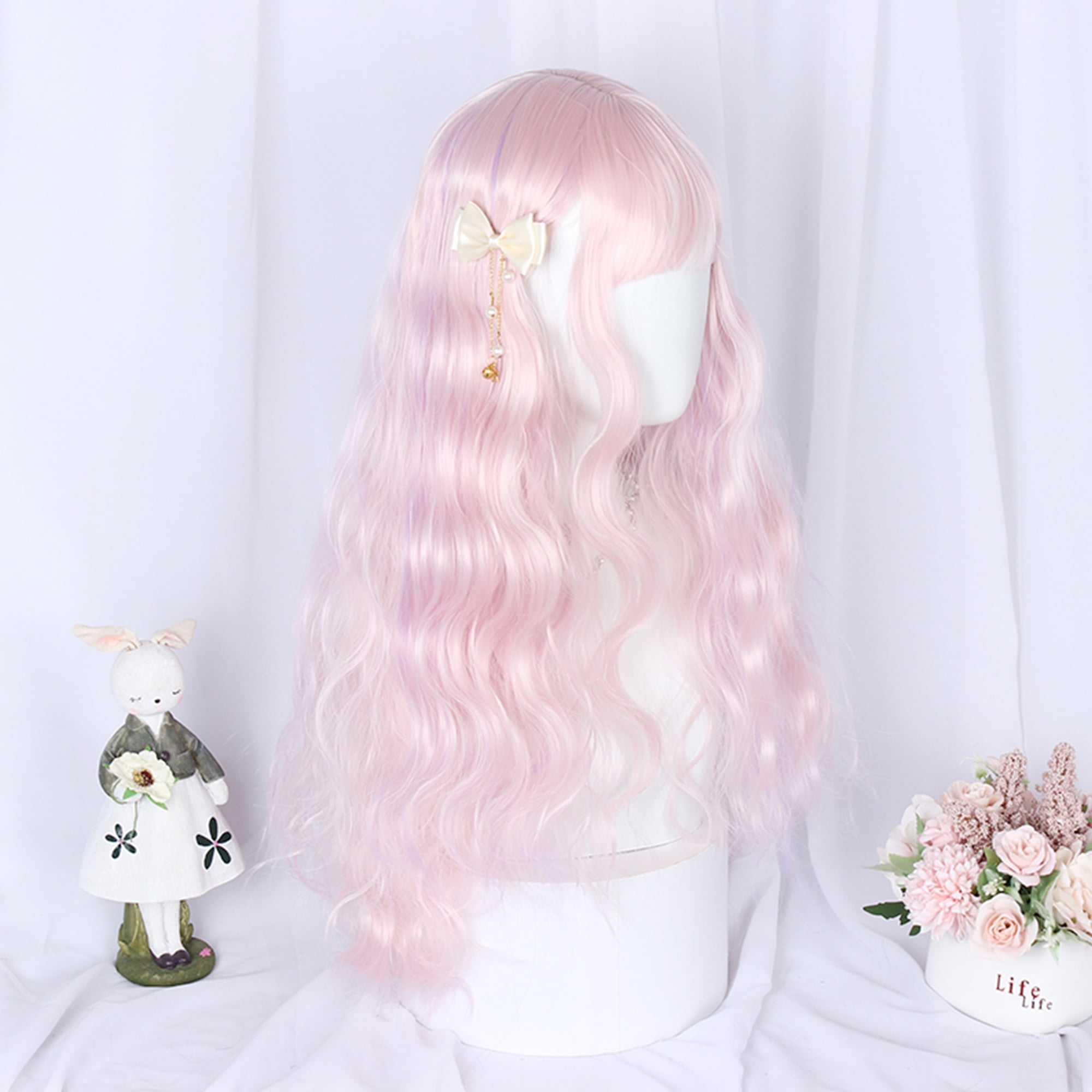 Unique Bargains Human Hair Wigs for Lady 26" Pink Curly Wig with Wig Cap 21.5"- 22.5"