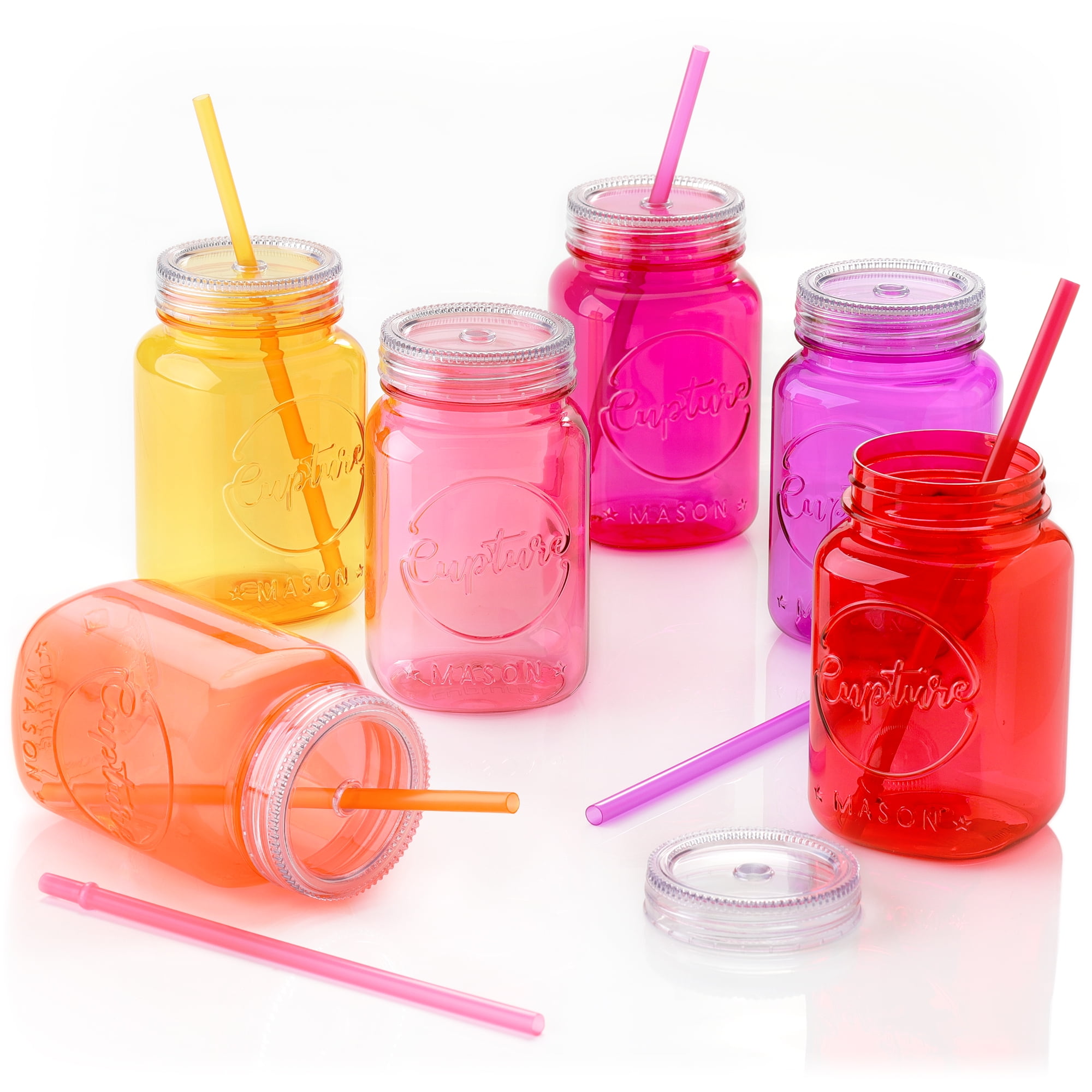TWENTY Plastic Mason Jars and Lids Kids Party Cups Straw Cut 