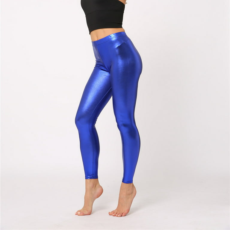 YYDGH Women's Shiny Metallic Leggings Sexy High Gloss Skinny Pants Faux  Leather Stretch Shaping Tights Trousers Blue XL