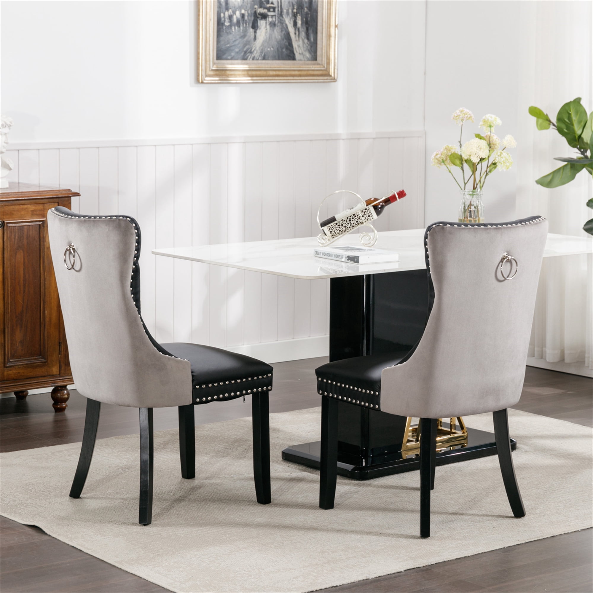 Miniyam Dining Chair Set of 2, High-end Tufted Contemporary PU and Velvet Upholstered, Black+Gray