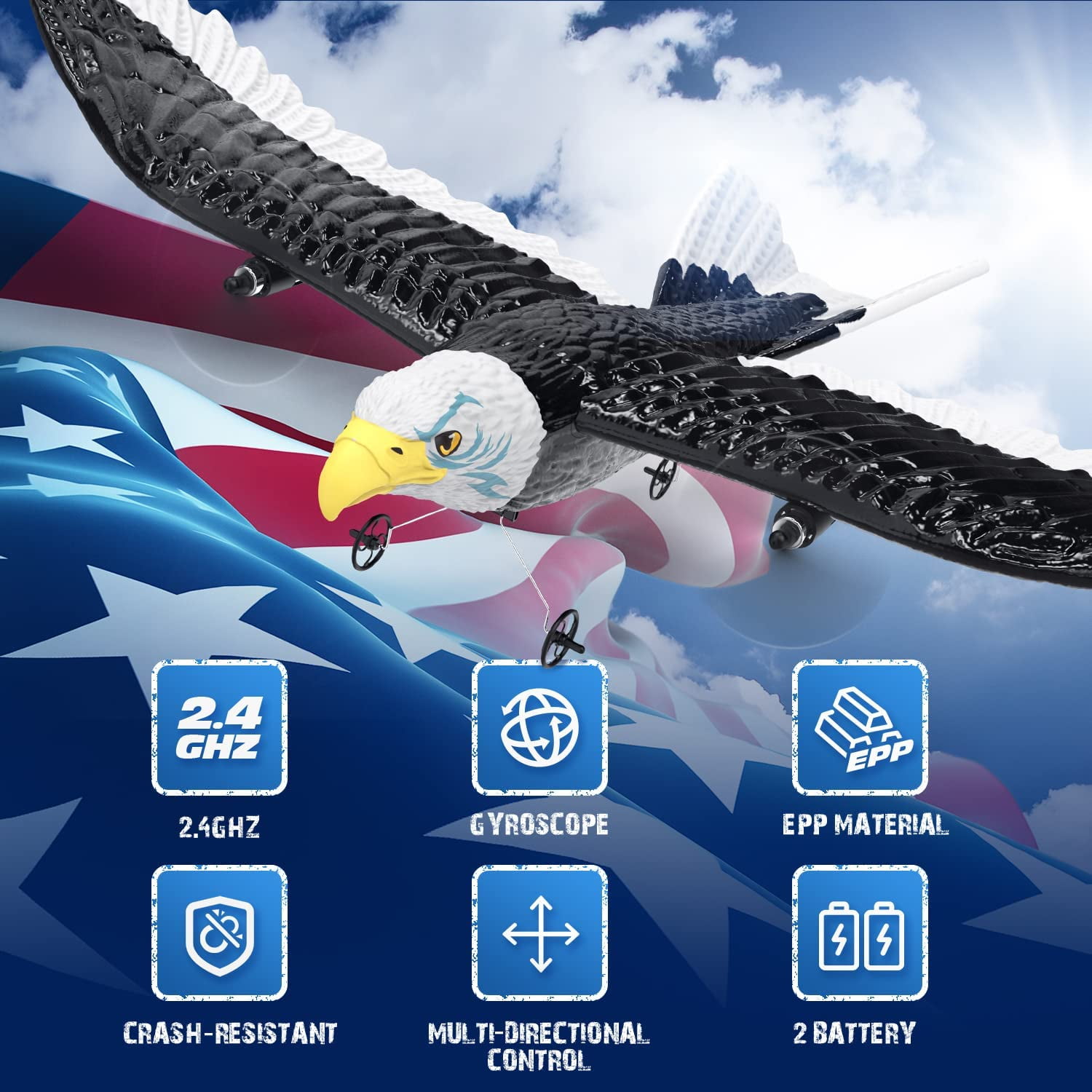 MUSICOZY RC Airplane, Remote Control Eagle Plane, RTF Aircraft, 2.4GHZ 2CH Flying Bird with 2 Batteries and 6-Axis Gyro Stabilizer Propeller, Easy to Fly for Beginners, Adults, Kids and Children