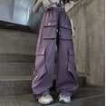 thumbnail image 2 of CPNG Girls Casual Baggy Cargo Pants Multi-Pocket Straight Wide Leg Drawstring Pants Loose Elastic Waist Fashion Cargo Trousers(Purple,14-15 Years), 2 of 7