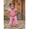 thumbnail image 5 of BemeyourBBs Toddler Baby Girl Summer Clothes 6 12 18 24 Months 2 3 4 Years Baby Girl Summer 2 Piece Outfit Puff Short Sleeve Plaid Gingham Print Shirt Tops and Elastic Waist Flare Pants Set, 5 of 9