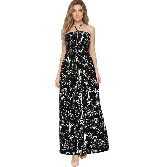 HAPPY BAY Women's Summer A-Line Maxi Smocked Top Slit Dress Long Beach Evening Strapless Tube Dresses for Women One Size Coal, Leaves