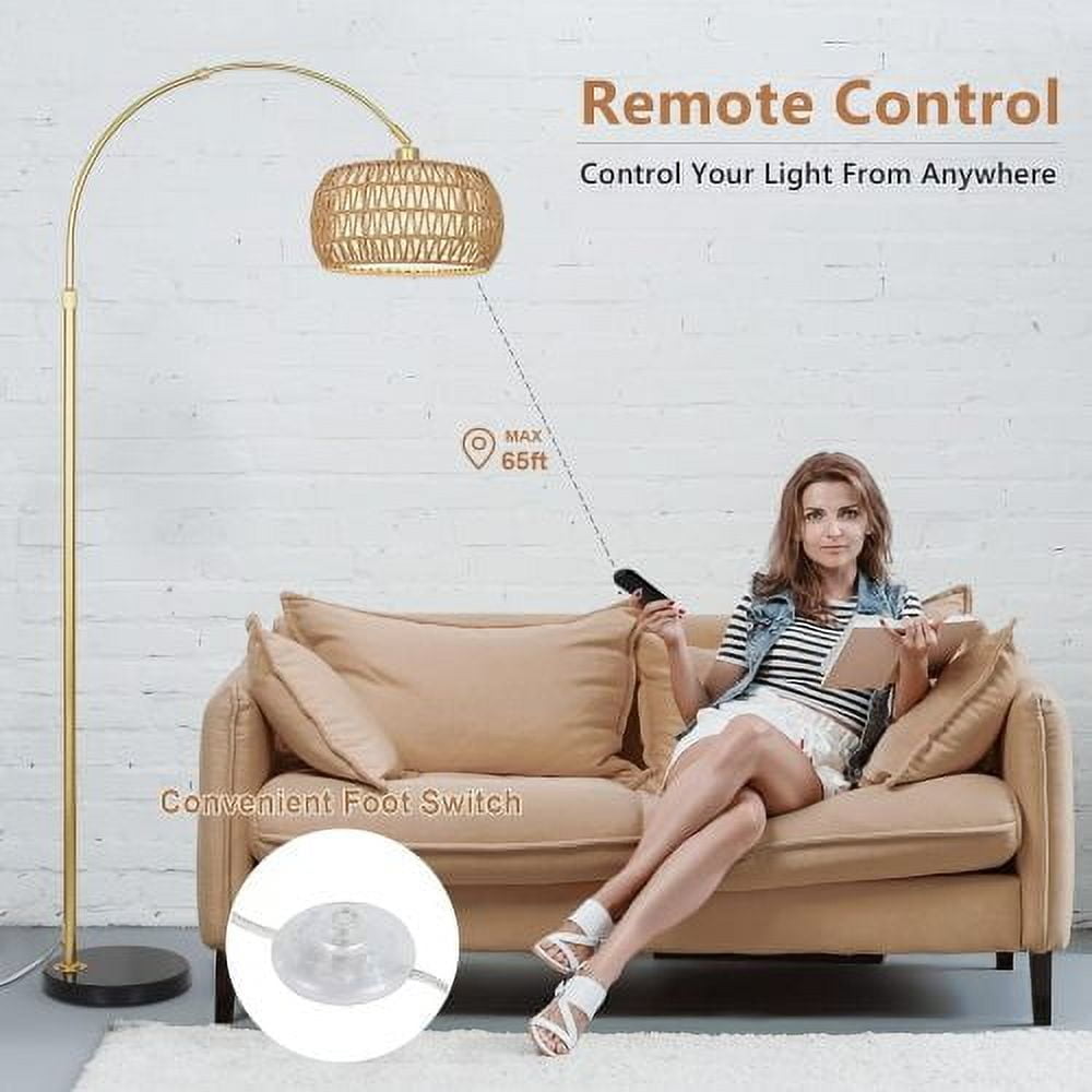 ACE-LIGHTS,Arc Dimmable LED Rattan Boho Floor Lamp with 3 Color Temperature & Remote Control,Standing Lamp,Farmhouse Tall Lamp,Over Couch Arched Reading Light for Living Room,Bedroom,Office(Gold)