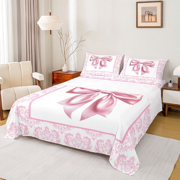 jejeloiu Retro Damask Baroque Twin Sheet Sets,Pink Bowknot Pattern Bedding For Kids 3pcs