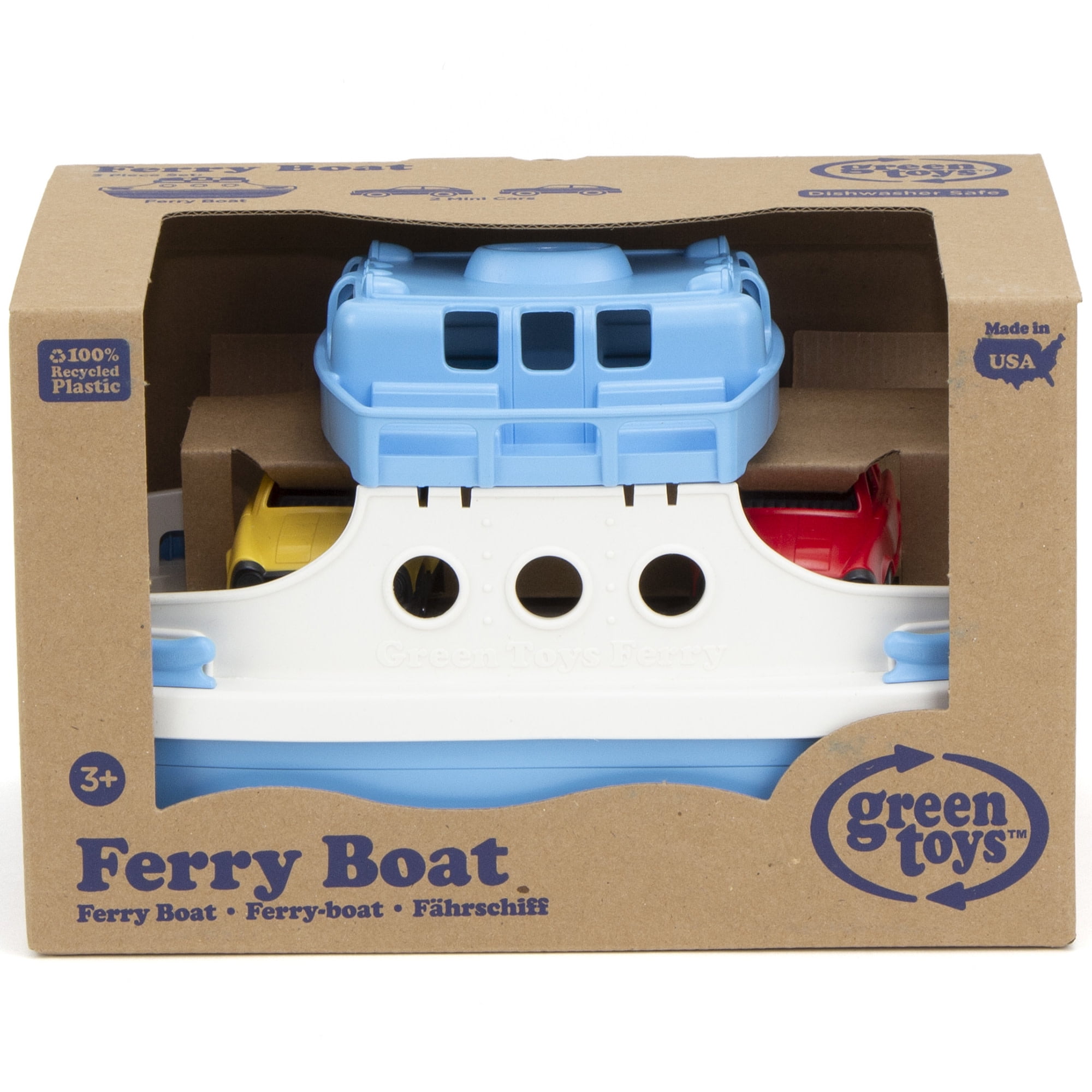Green Toys: Ferry Boat - Blue & White - Floating Toy Vehicle & 2 Mini Cars, Water & Bathtub Play, Loading Ramp, In/Outdoor, Recycled Material, Kids 3+