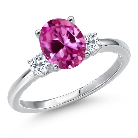 Gem Stone King 14K White Gold Pink Created Sapphire and White Topaz Engagement Ring for Women | 1.28 Cttw | Oval 9X7MM | Gemstone September Birthstone | Size 5