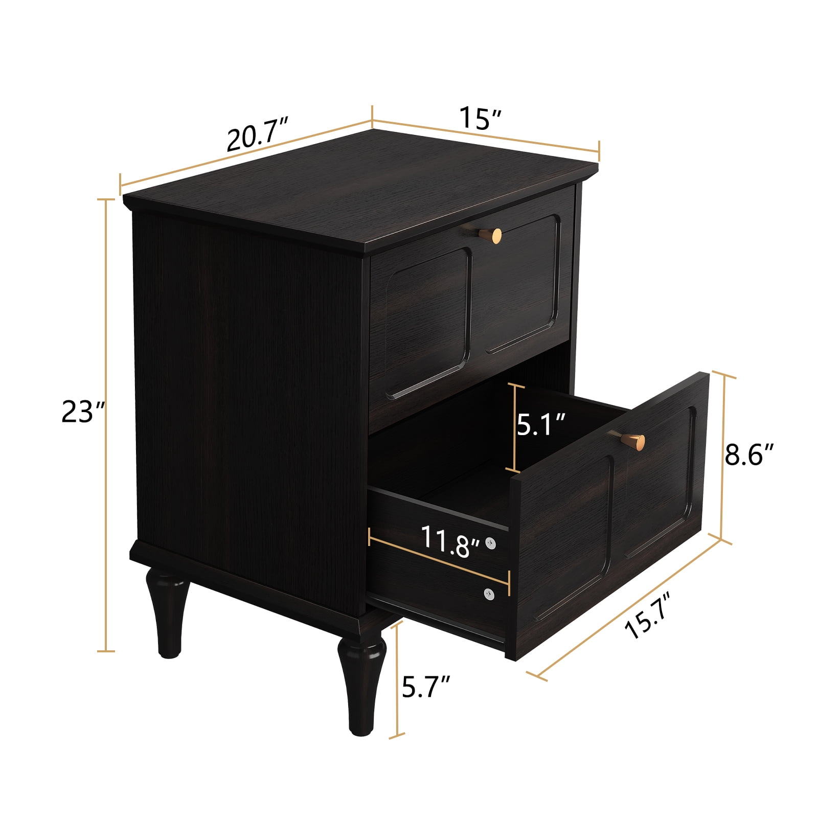 HLR 20" Mid Century Nightstands Set of 2 with Drawers, Wood Bedside Table End Table for Bedroom, Black