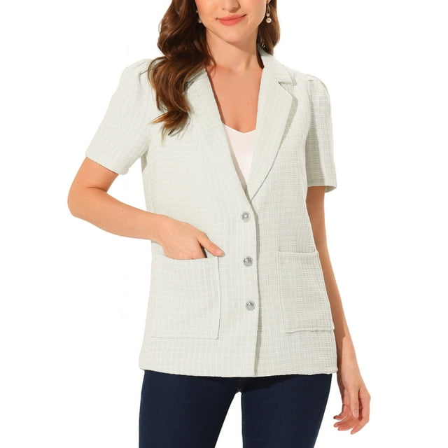 INSPIRE CHIC Blazers en Tweed pour Femmes Col à Revers Boutonné Manches Courtes Blazer Décontracté Beige P