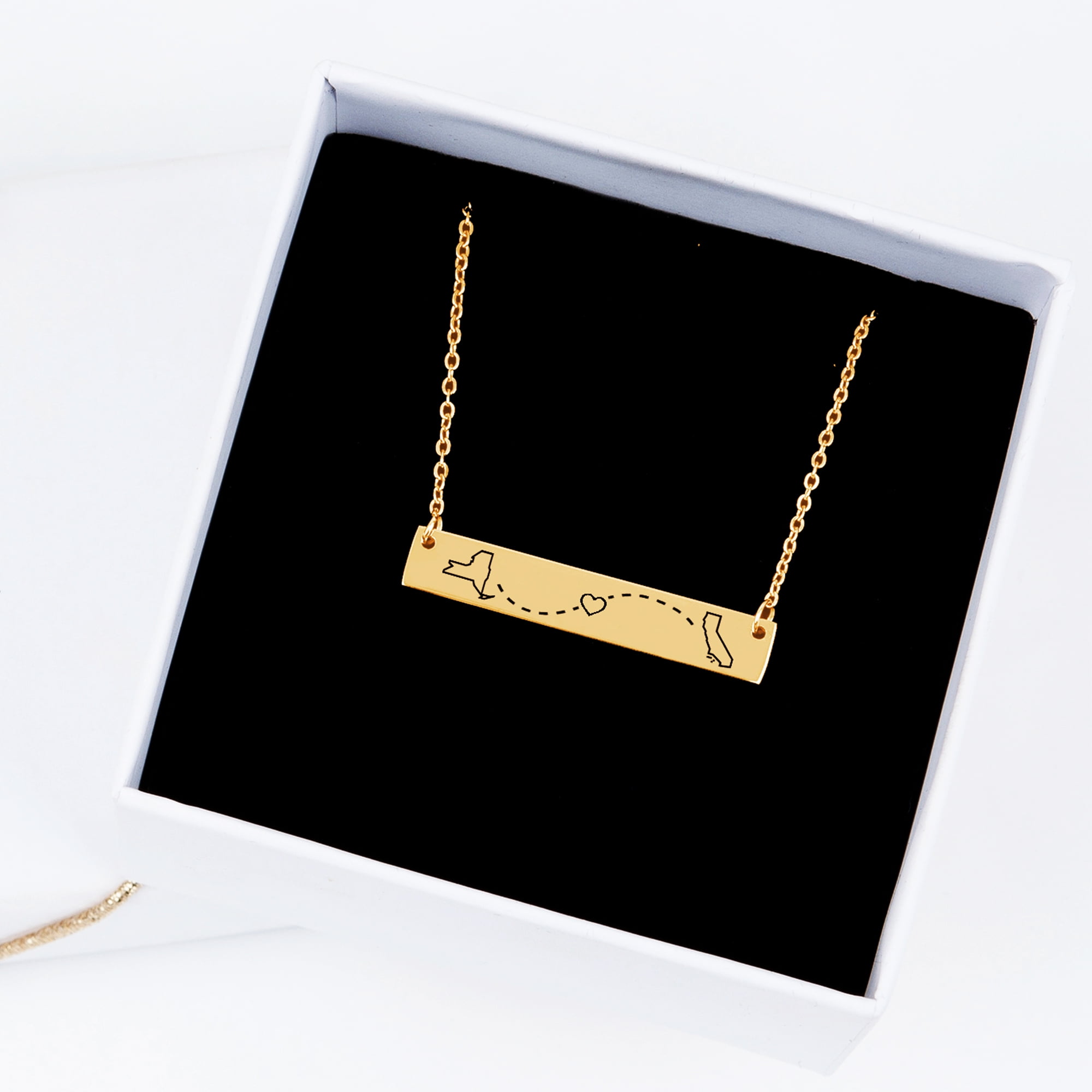 AsterOutdoor - Stainless Steel Location Pendant Engravable Rose Gold Long Distance Bar Necklace - Custom States Friendship Jewelry