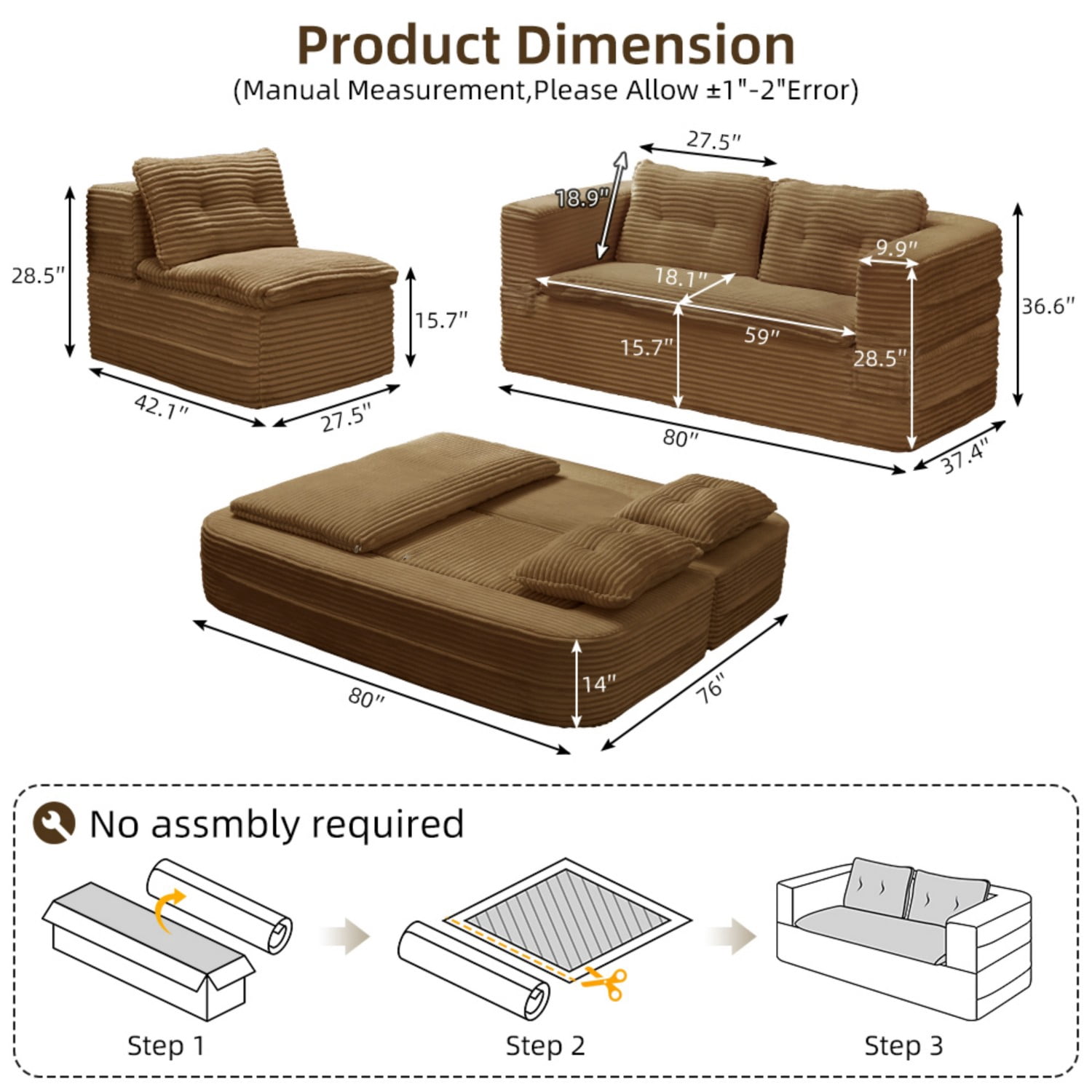 80" Convertible Sectional Sofa Bed with Independent Chaise Lounge, Corduroy Deep Seat Couch, King Size Floor Sleeper Sofa with Convertible Blanket, Camel