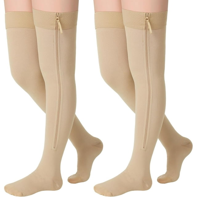 2 Pairs Zipper Compression Socks Thigh High 20-30 mmHg Compression Socks Closed Toe Thigh High Compression Stockings