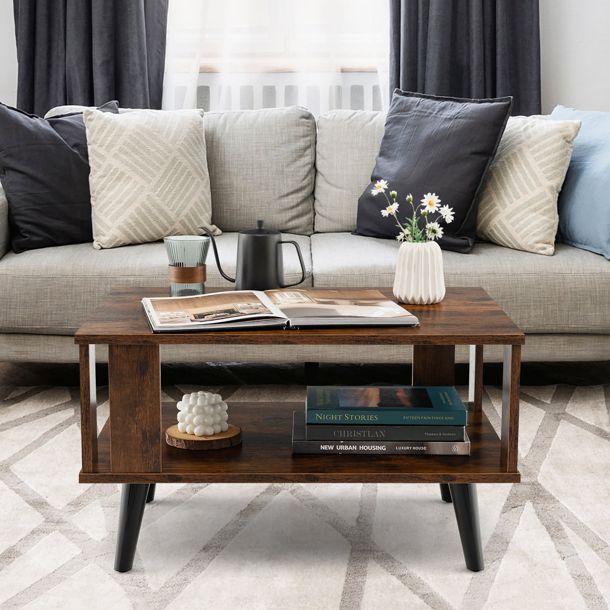 Costway Coffee Table Retro Mid-Century Coffee Table W/Storage  Open Shelf Living Room
