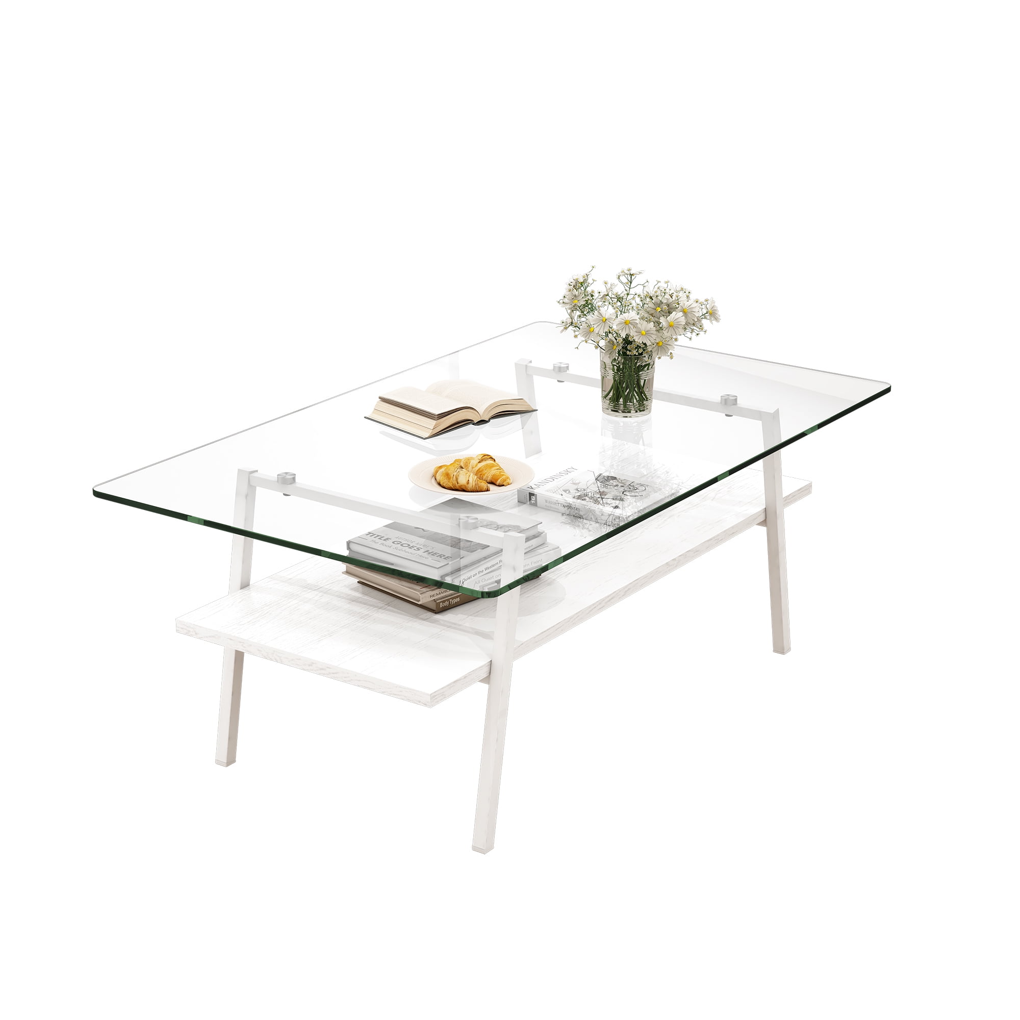 MAYEERTY Rectangle Coffee Table with Tempered Tempered Glass Top and White Metal Legs