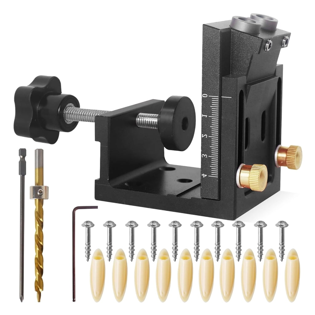 Adjustable Wood Doweling Jig Drill Locator Hole Puncher Positioning Opener Woodworking Tool Includes Drill Bit and Plugs